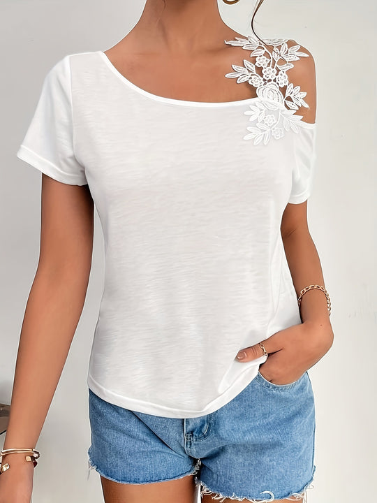 Damen nan schulterfreies Jerseyshirt mit floraler Spitzenapplikation und lockerer Passform EB