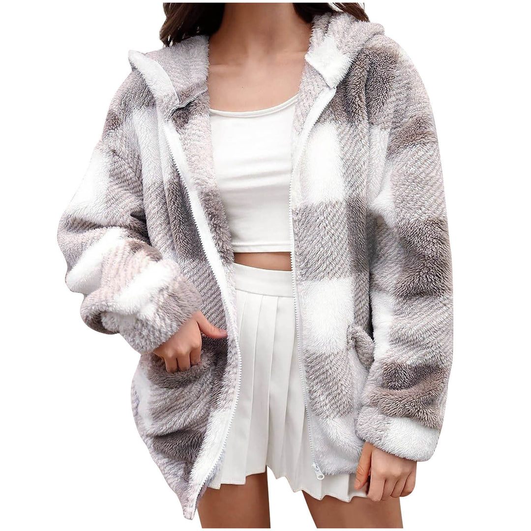 Damen nan dicke Karo-Teddyjacke mit Kapuze, Frontreißverschluss und aufgesetzten Taschen EB
