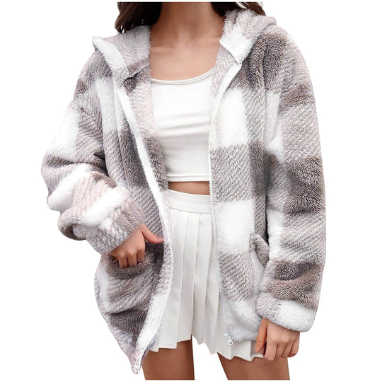 Damen nan dicke Karo-Teddyjacke mit Kapuze, Frontreißverschluss und aufgesetzten Taschen EB