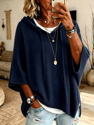 Damen nan Oversize Strickponcho mit Kapuze und kurzen Ärmeln EB