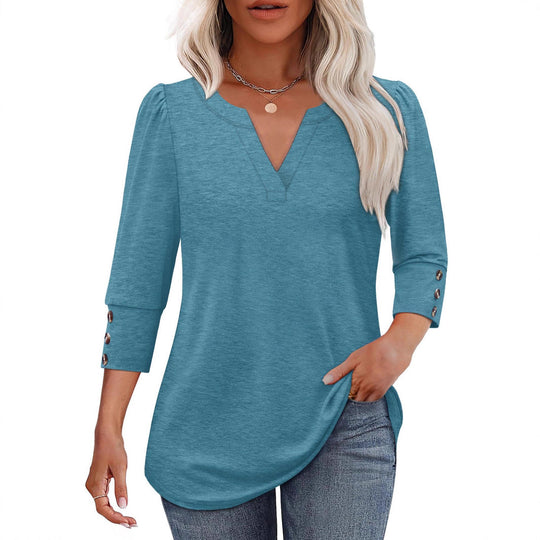 Damen V-Ausschnitt Bluse mit dekorativen Knopfdetails EB