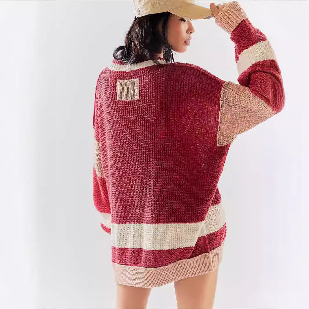 Damen lässiger Strickcardigan mit großen Taschen und stilvollen Kontraststreifen EB
