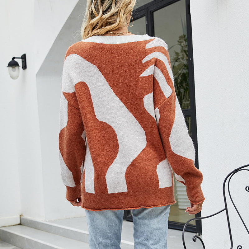 Damen kuscheliger Oversized Pullover mit Knopfdetails und kreativem Muster EB