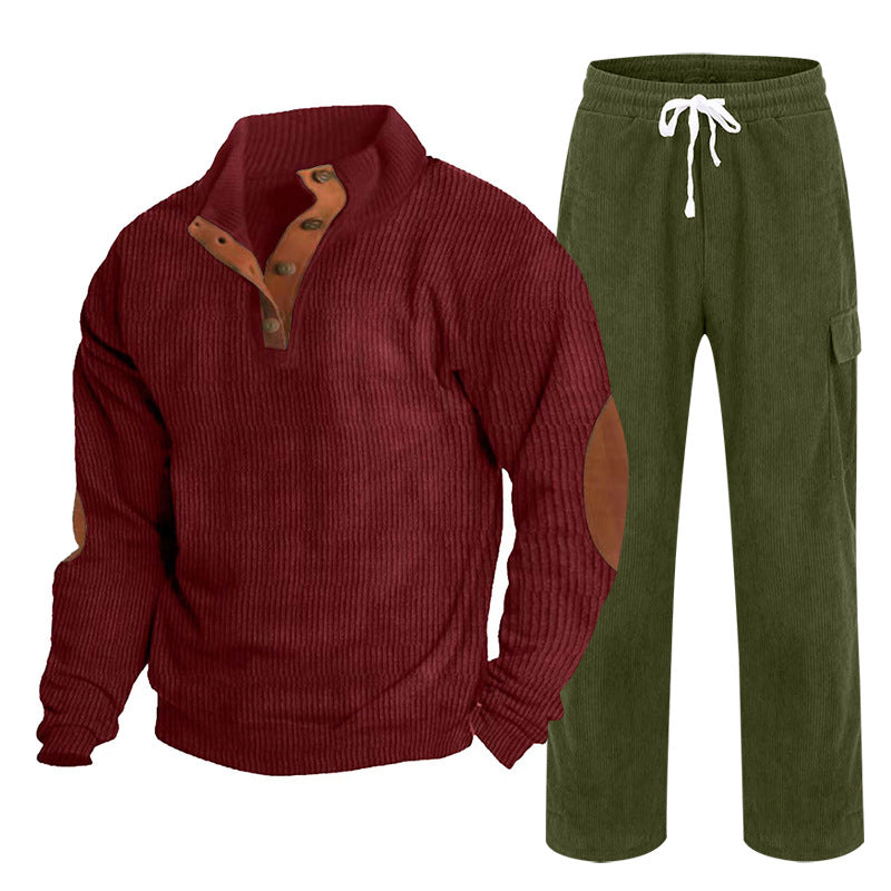 Herren nan strukturiertes Cord-Henley-Loungewear-Set mit Ellenbogenpatches und Cargo-Jogpant EB