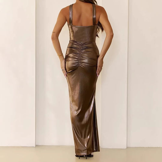 Damen Elegantes ärmelloses Maxikleid mit drapierten Details EB