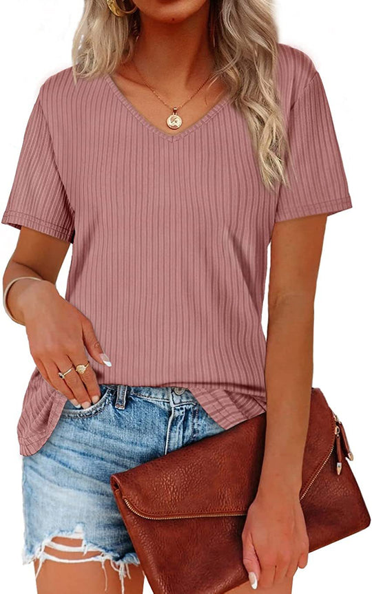 Damen Viskose T-Shirt mit feinem Rippstrickmuster und lässigem V-Ausschnitt EB