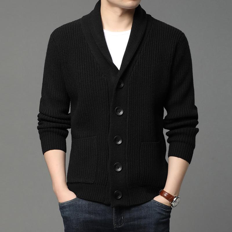 Herren kuschelige Strickjacke mit schickem Kragen und funktionalen Taschen EB