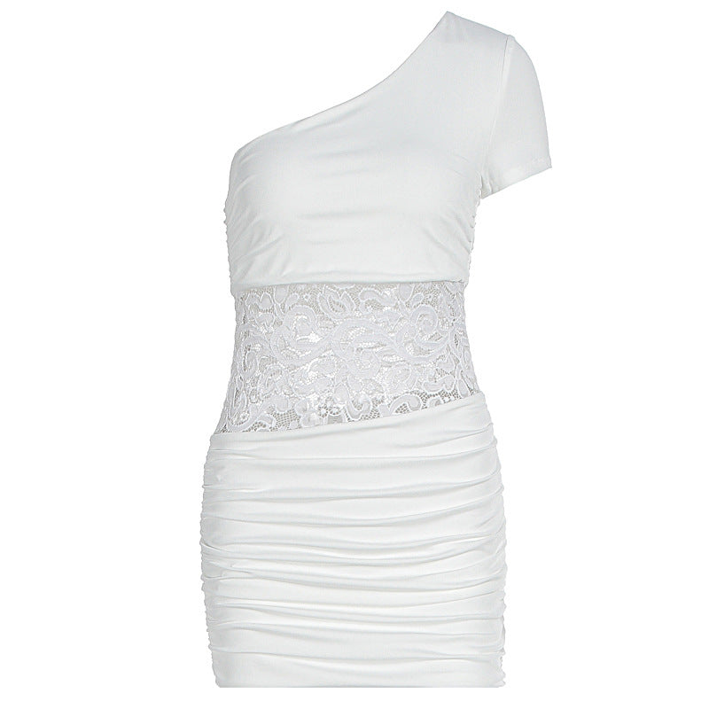 Damen Einseitig Träger Mini-Kleid mit Spitzenbund und Raffungen EB