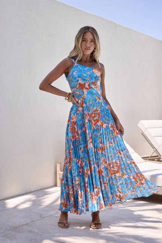 Damen Maxikleid mit schwingendem Faltenrock und femininem Floral-Design EB