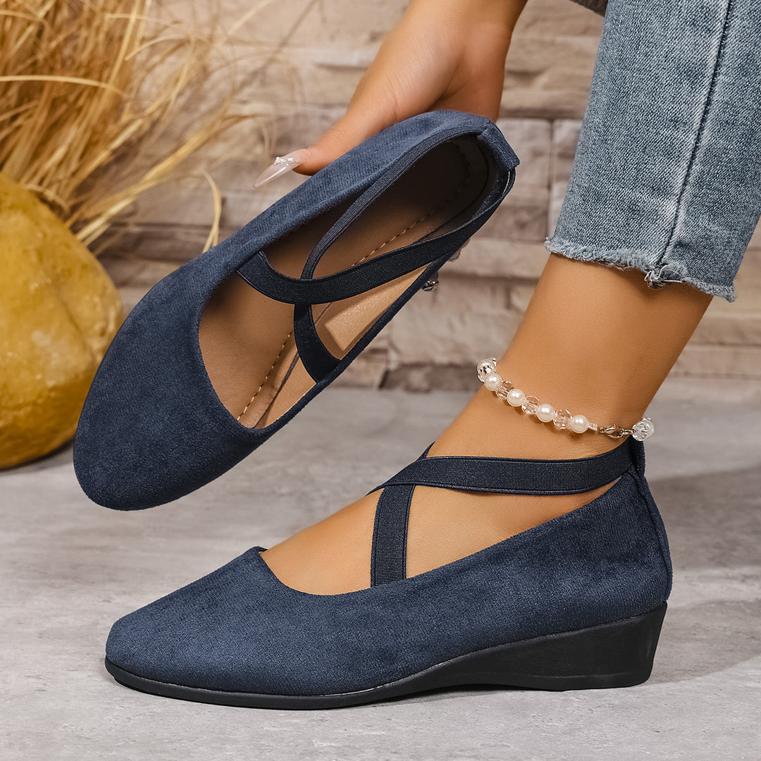Damen elegante Ballerinas mit modischen Kreuzriemen und bequemem Wedge-Absatz EB