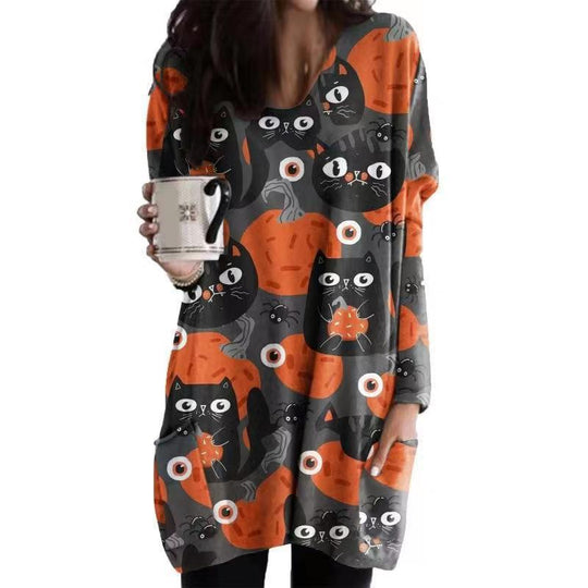 Damen Oversized Grafik Katze und Kürbis Tunika Kleid Heidi-Mode