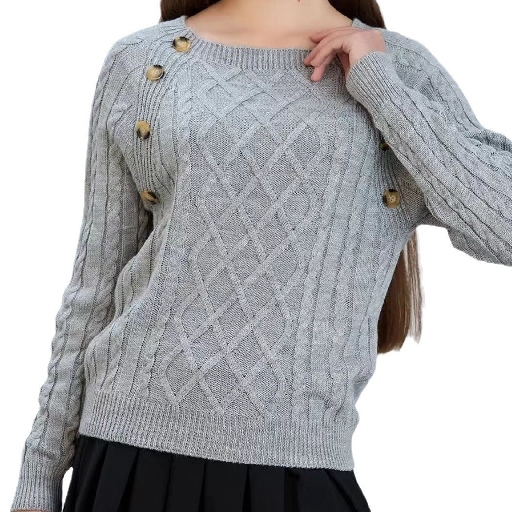 Damen Strickpullover mit klassischem Rautenmuster und dekorativen Knöpfen EB