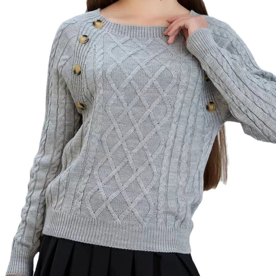 Damen Strickpullover mit klassischem Rautenmuster und dekorativen Knöpfen EB