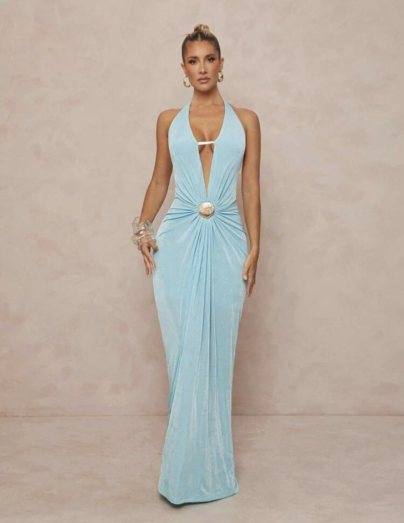 Damen Glamouröses Abendkleid mit tiefem V-Ausschnitt und eleganter Drapierung EB