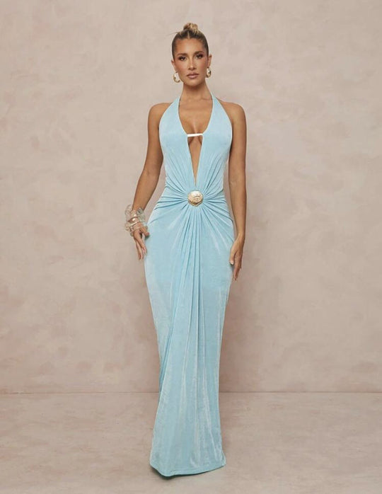 Damen Glamouröses Abendkleid mit tiefem V-Ausschnitt und eleganter Drapierung EB