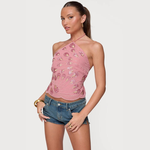 Damen Glitzerndes Halboberteil mit floralen Pailletten und feinen Trägern EB