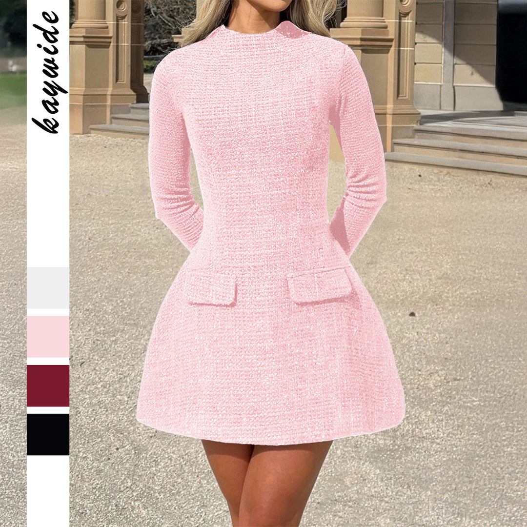 Damen nan tailliertes Bouclé-Minidress mit Stehkragen, langen Ärmeln, ausgestelltem Rock und dekorativen Pattentaschen EB