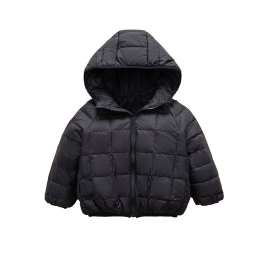 Damen warme Daunenjacke mit Kapuze und quer gestepptem Design EB