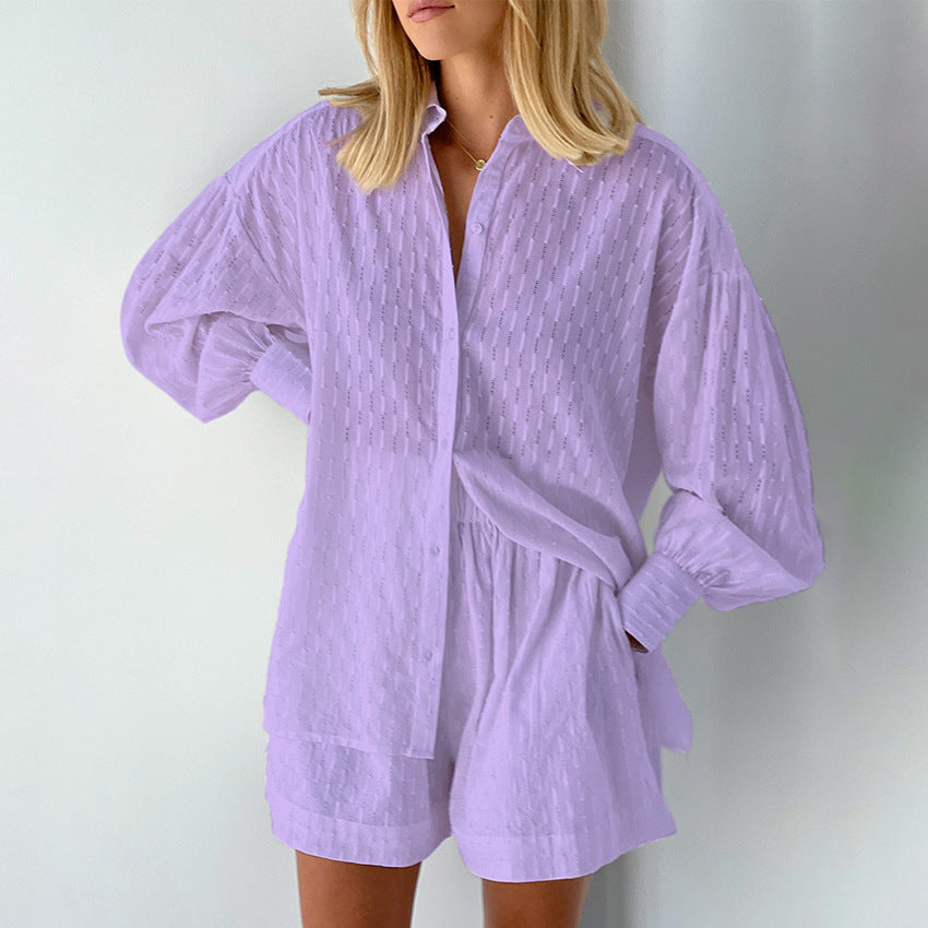 Damen modisches Kurzarm-Pyjama-Set mit strukturierter Oberflächenbeschaffenheit EB