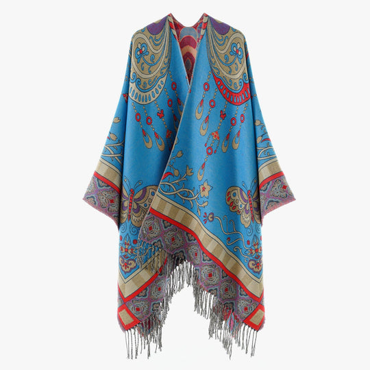 Damen Gewebter Kimono-Poncho mit Ornamentjacquard, V-Ausschnitt und Fransensaum EB