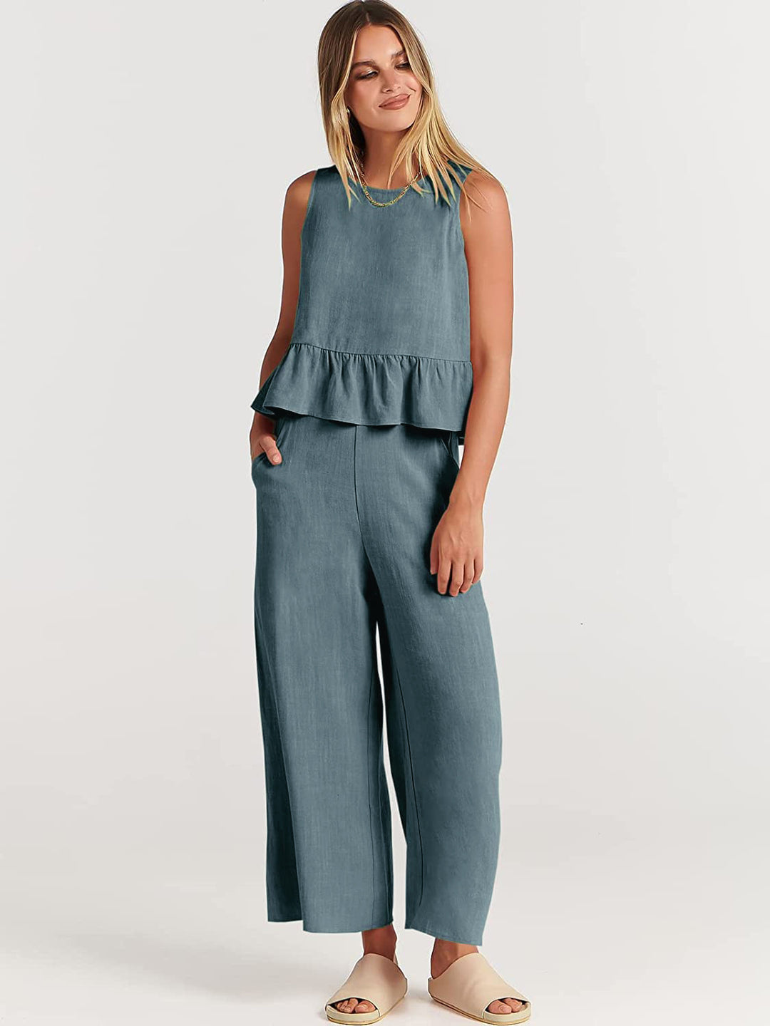 Damen Lässiger Peplum-Jumper mit weit geschnittenen Hosen EB