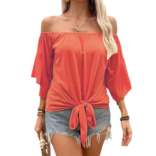 Damen Off-Shoulder Oberteil mit knotenförmigem Design und lässigen Flügelärmeln EB