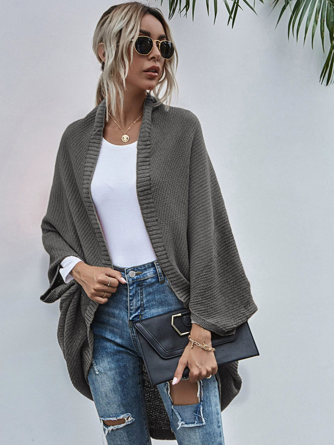 EB | Strickjacke Oversized Passform Wolle Strick Offen Front Fledermausärmel