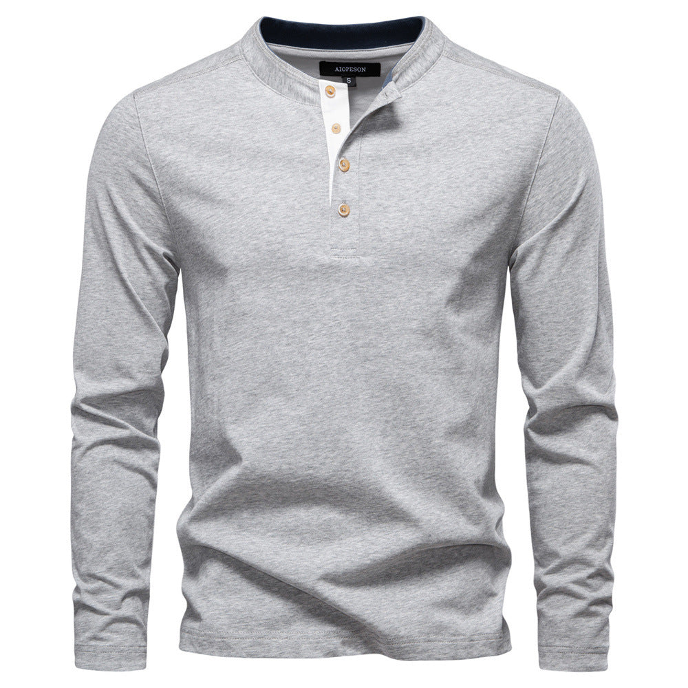 Herren nan legeres Baumwoll-Langarmshirt mit kurzer Knopfleiste und Stehkragen EB