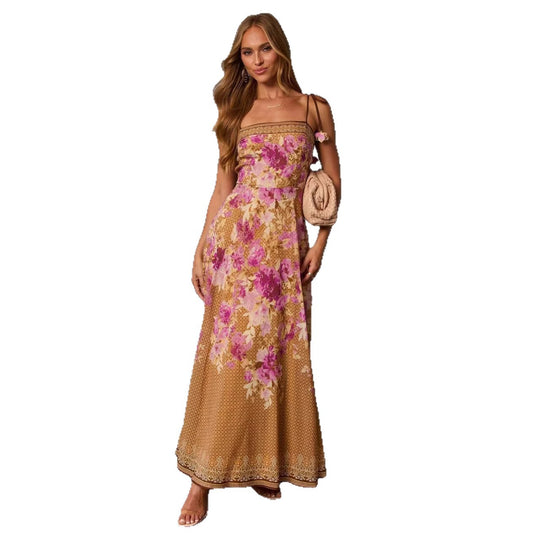 Damen Maxikleid im romantischen Bohemian-Stil mit floralen Akzenten und verstellbaren Trägern EB