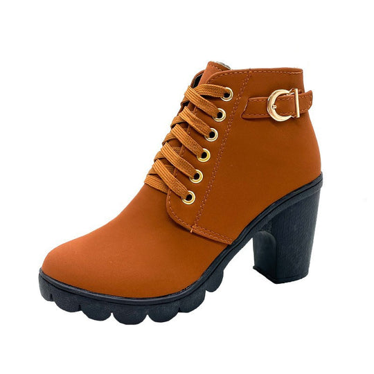 Damen nan elegante Schnür-Stiefelette mit mittlerem Blockabsatz, profilierter Gummilaufsohle und dekorativer Metallschnalle EB