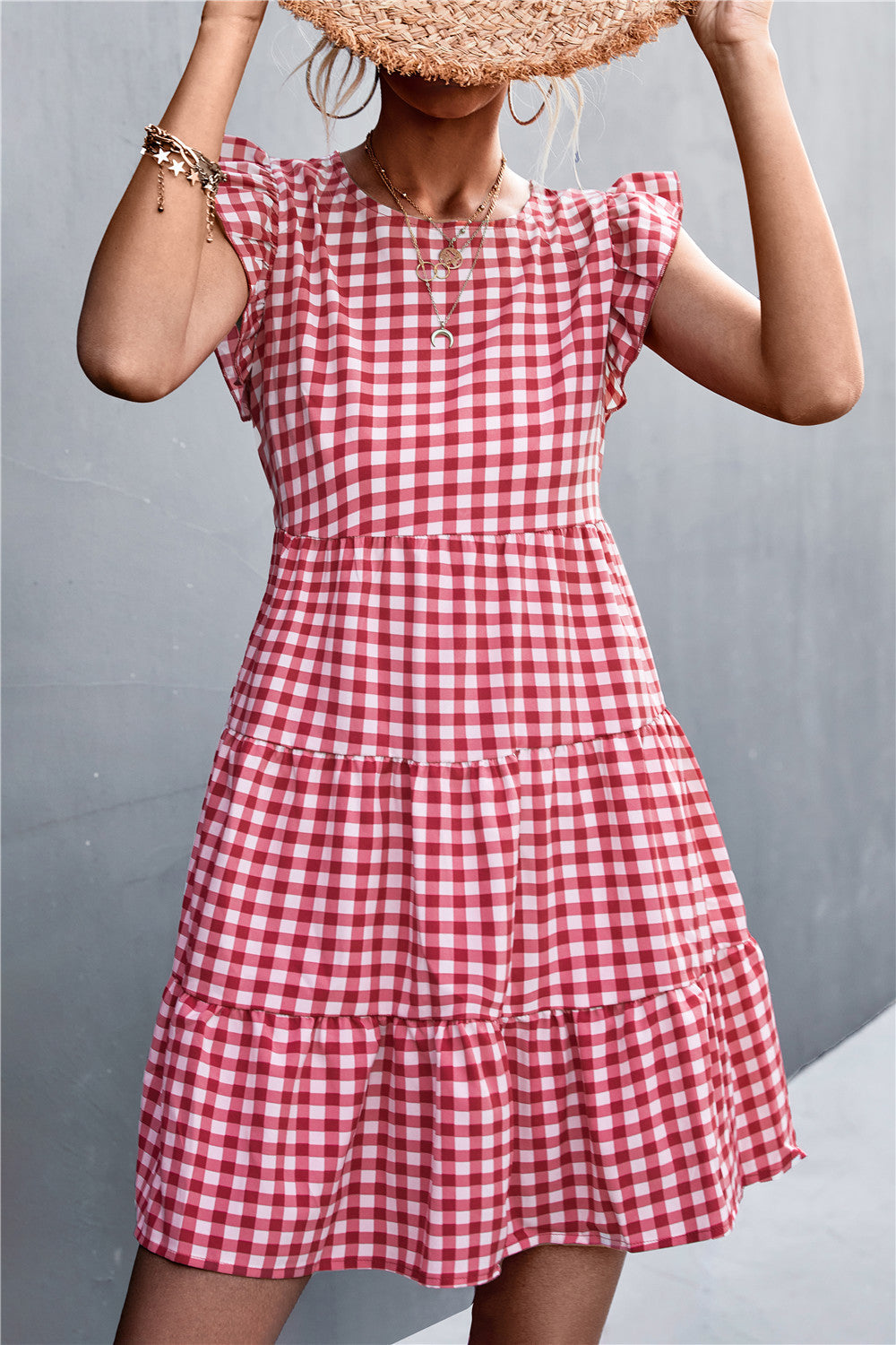 Damen Viskosekleid mit Rüschendetails und kariertem Design EB