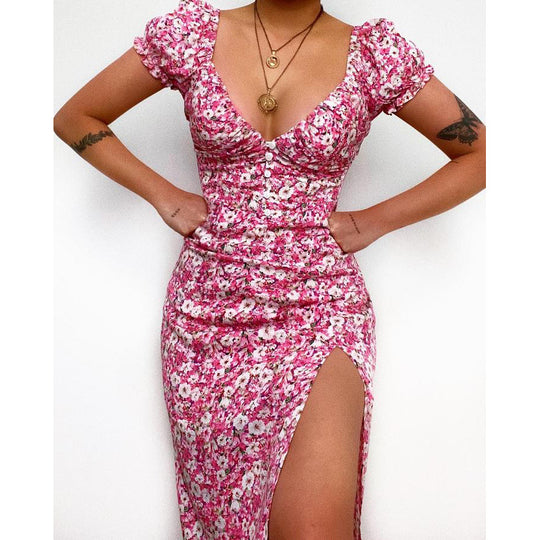 Damen Elegantes Maxikleid mit herzförmigem Ausschnitt und floralen Details EB