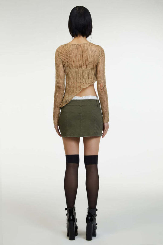 Damen luftiges Strickoberteil mit fransigen Details und asymmetrischem Schnitt EB