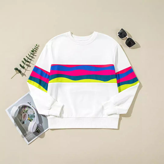 Damen Lässiges Oversized-Sweatshirt mit Bunten Streifen und Tieferem Rundhalsausschnitt EB