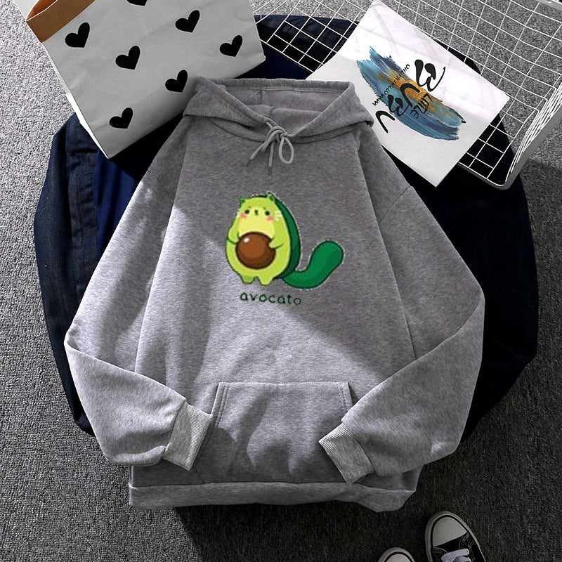 Damen nan Oversize-Fleecehoodie mit weichem Innenfutter, Kängurutasche und Avocato-Cartoonmotiv EB