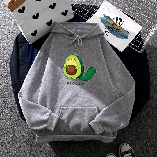 Damen nan Oversize-Fleecehoodie mit weichem Innenfutter, Kängurutasche und Avocato-Cartoonmotiv EB