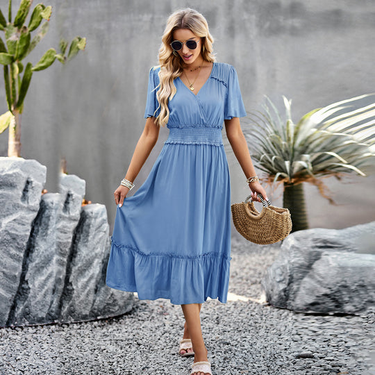 Damen Midikleid mit Schößchen, elastischem Tailleneinsatz und eleganten Rüschen EB