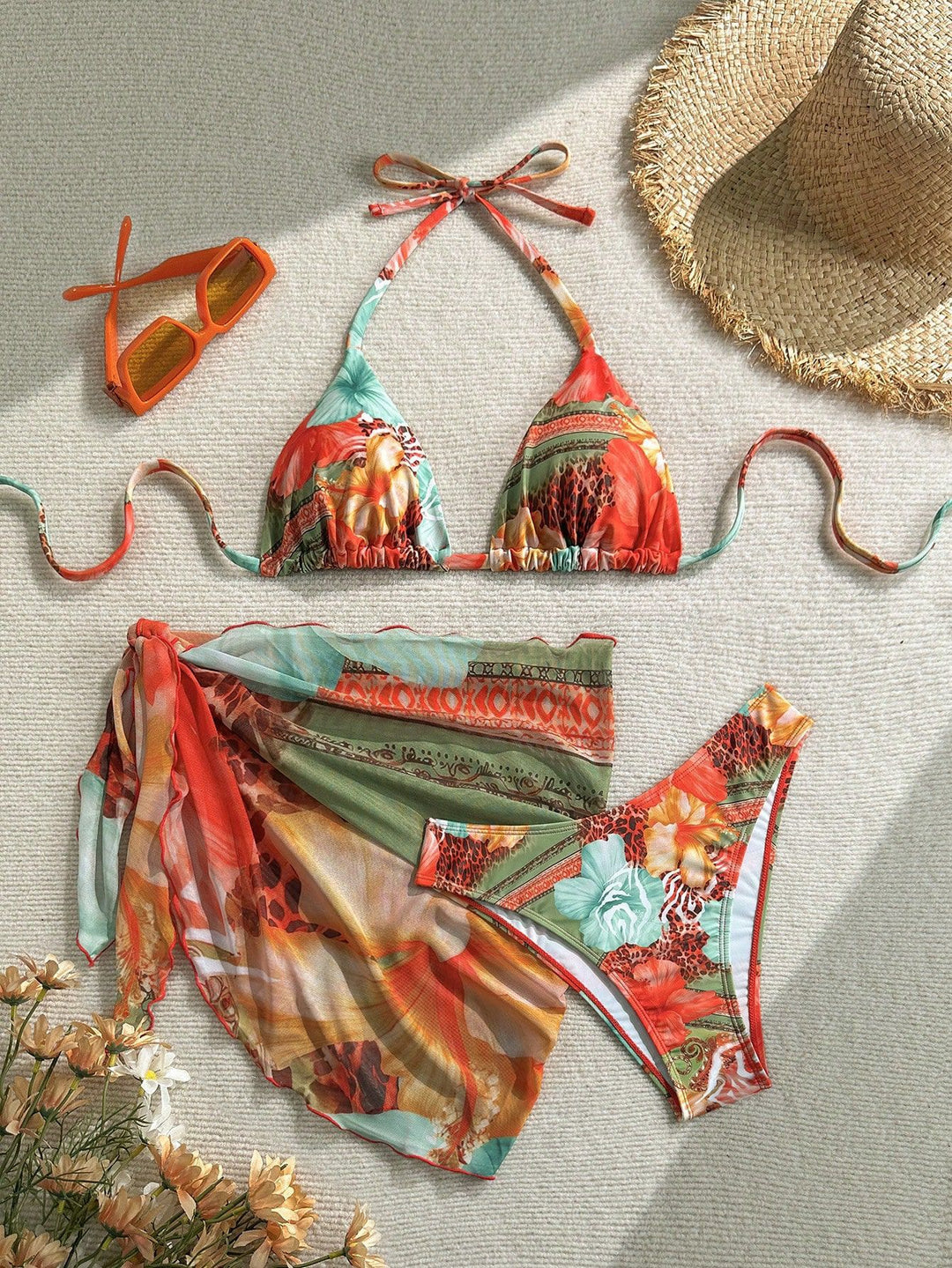 Damen Florales Bikini-Set mit Kombination aus Oberteil und Wickeltuch EB
