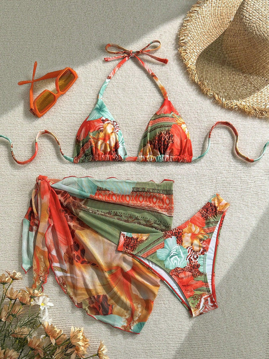 Damen Florales Bikini-Set mit Kombination aus Oberteil und Wickeltuch EB