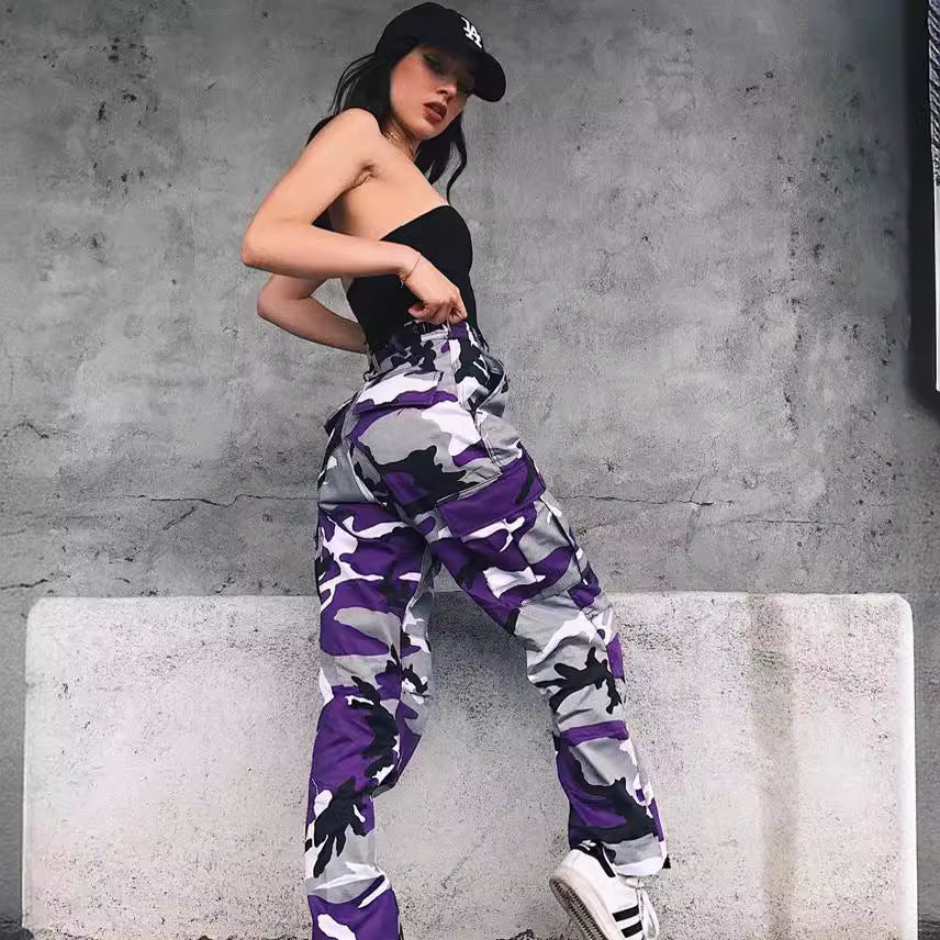 Damen nan Cargohose mit urbanem Camouflage-Print und elastischem Bund EB