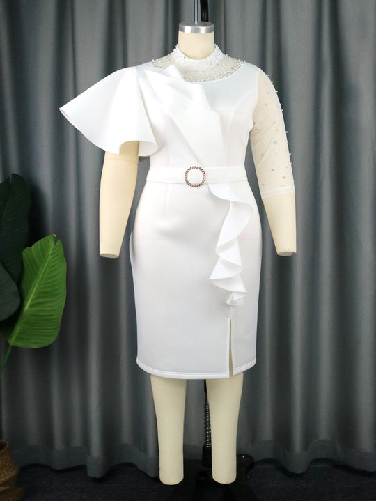Damen Cocktailkleid mit asymmetrischem Rüschendesign und dekorativen Perlenakzenten EB