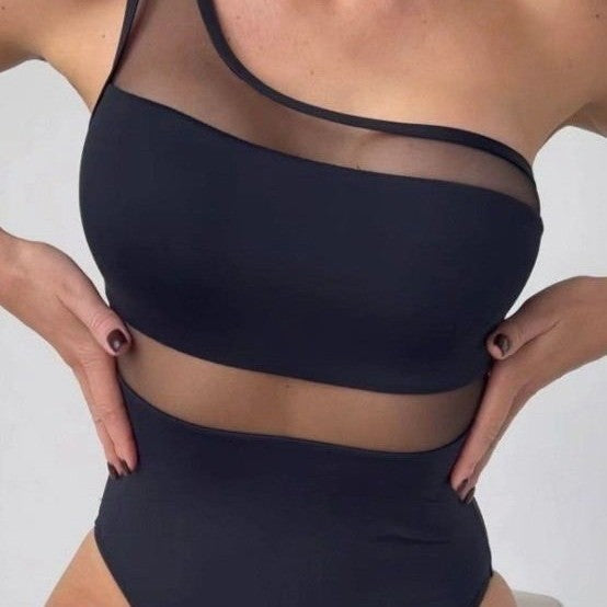 Damen einseitiger Badeanzug mit transparenten Einsätzen EB
