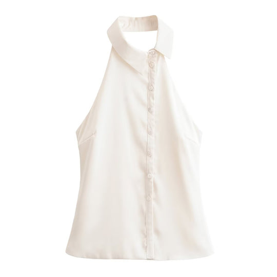 Damen Halterneck Bluse mit eleganter Knopfleiste EB