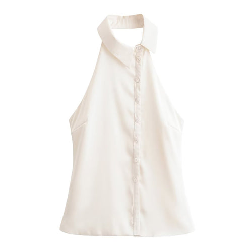 Damen Halterneck Bluse mit eleganter Knopfleiste EB