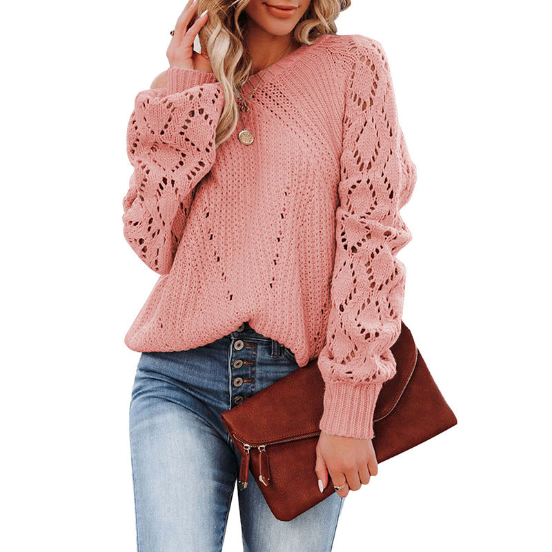 Damen Grobstrickpullover mit V-Ausschnitt und luftigen Ärmelöffnungen EB