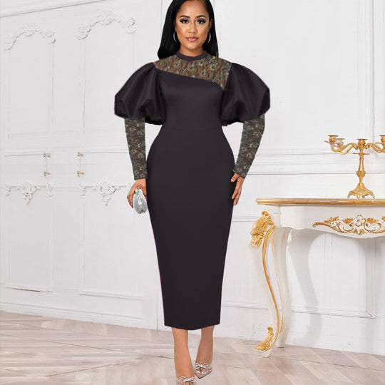Damen Midi-Kleid mit langen Spitzenärmeln und voluminösen Puffärmeln EB