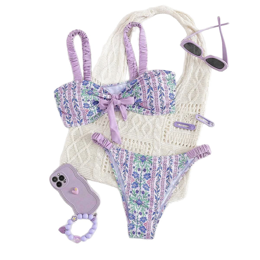 Damen Bandeau-Bikini mit floralem Design und verspielten Rüschen EB