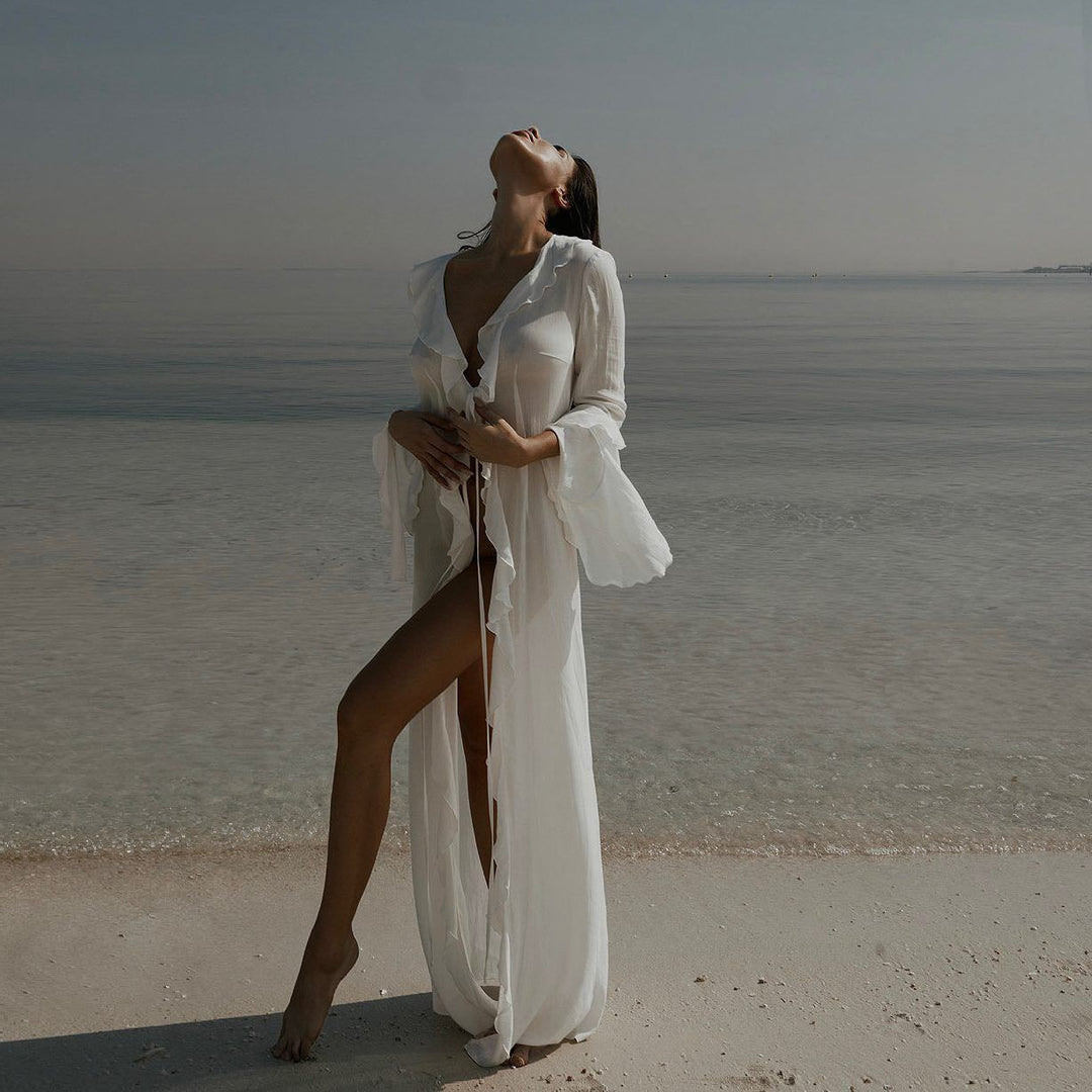 Damen elegantes Strandkleid mit Rüschen und tiefem Schlitz EB