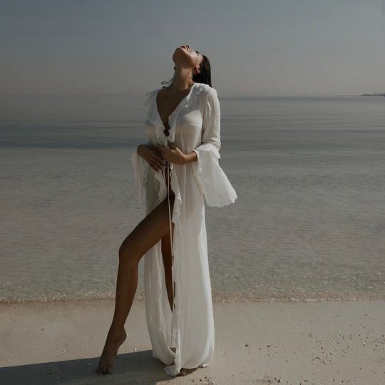 Damen elegantes Strandkleid mit Rüschen und tiefem Schlitz EB