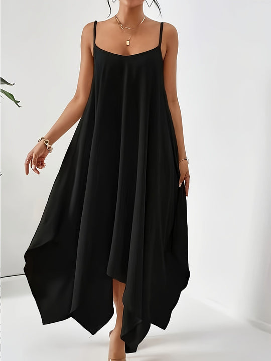 Damen luftiges Maxikleid mit asymmetrischem Saum und feinen Spaghettiträgern EB